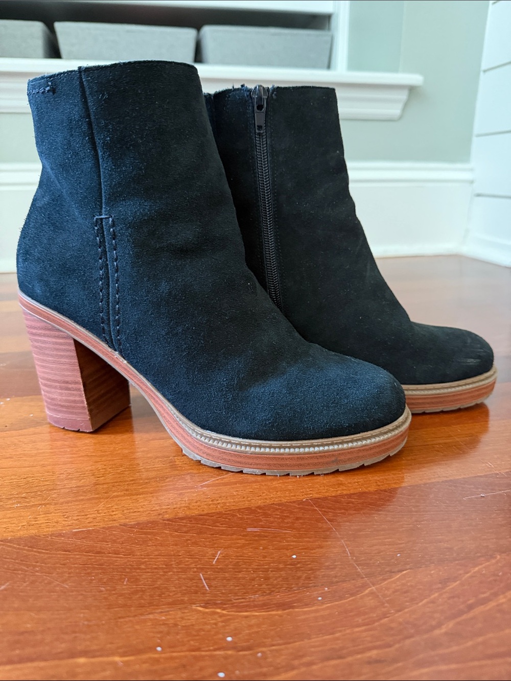 Crown Vintage Black Suede Ankle Booties with Wood-Stacked Heel
